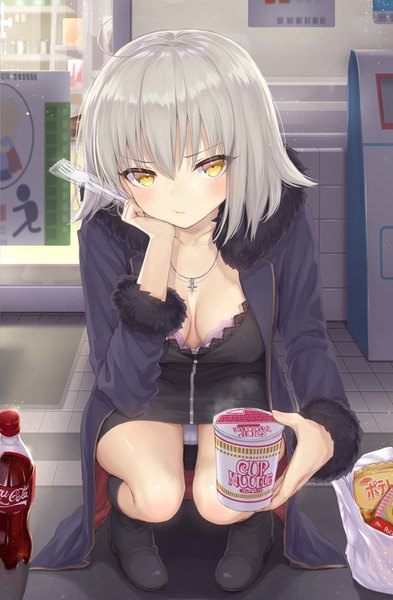 Anime picture 950x1450 with fate (series) fate/grand order fate/apocrypha coca-cola jeanne d'arc (fate) (all) jeanne d'arc alter (fate) mashuu (neko no oyashiro) single tall image looking at viewer blush fringe short hair breasts light erotic hair between eyes large breasts holding yellow eyes cleavage