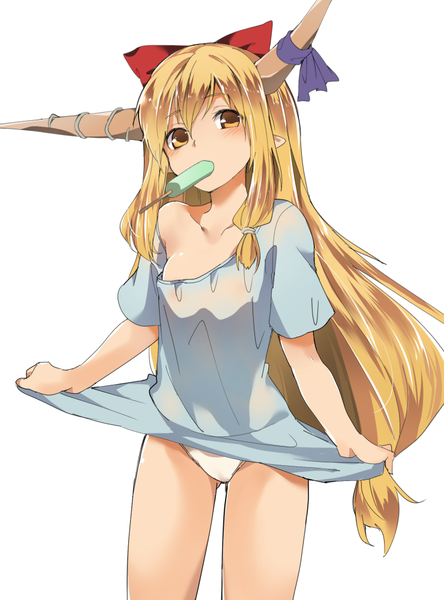 Anime picture 740x998 with touhou ibuki suika hasebe yuusaku single long hair tall image blush light erotic simple background blonde hair hair between eyes white background holding yellow eyes looking away horn (horns) pointy ears mouth hold girl underwear
