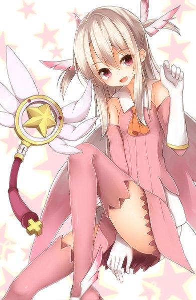 Anime picture 813x1246 with fate (series) type-moon illyasviel von einzbern mizushina minato single long hair tall image looking at viewer sitting two side up girl dress gloves hair ornament wings white gloves star (symbol) thigh boots wand