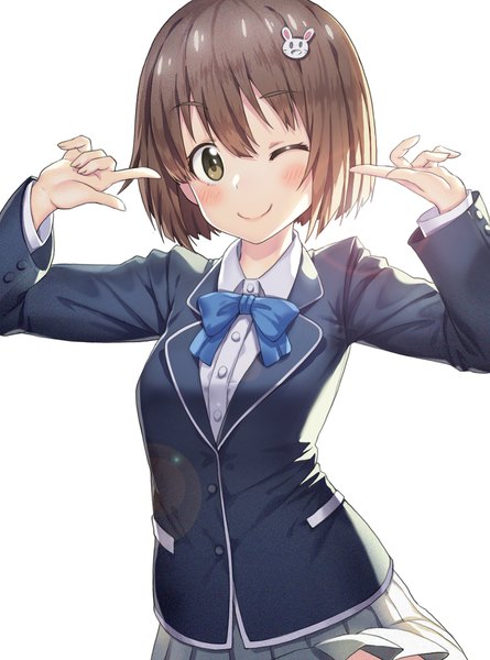 Anime picture 1285x1732 with kono bijutsubu niwa mondai ga aru feel (studio) usami mizuki madyy single tall image looking at viewer blush fringe short hair simple background smile hair between eyes brown hair white background brown eyes upper body long sleeves one eye closed wink