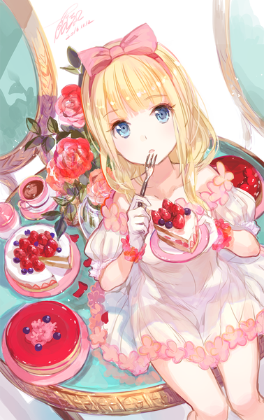 Anime picture 757x1199 with original ancake1 single long hair tall image looking at viewer fringe open mouth blue eyes blonde hair sitting bare shoulders holding signed bent knee (knees) blunt bangs from above puffy sleeves dated eating