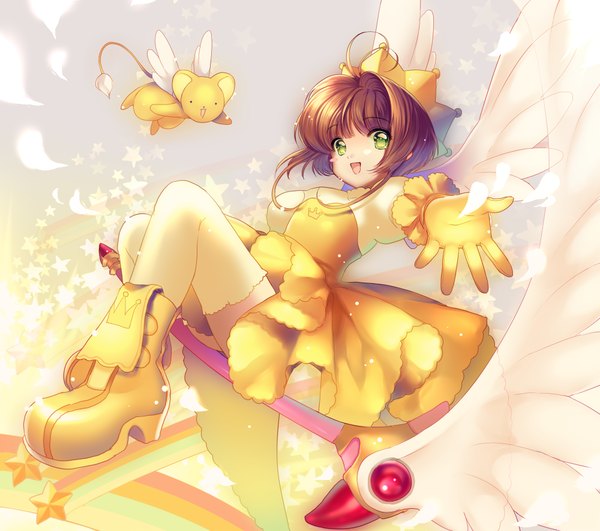 Anime picture 1000x885 with card captor sakura clamp kinomoto sakura kero (cardcaptor sakura) momoshiki tsubaki short hair open mouth brown hair green eyes girl thighhighs dress gloves wings boots star (symbol)