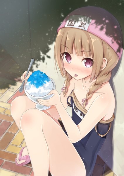 Anime picture 601x850 with original mirai (macharge) single long hair tall image looking at viewer blush brown hair purple eyes braid (braids) girl swimsuit tongue one-piece swimsuit school swimsuit shaved ice
