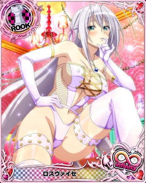Anime picture 640x800 with highschool dxd rossweisse single tall image blush breasts blue eyes light erotic large breasts silver hair very long hair card (medium) girl thighhighs gloves navel underwear panties white thighhighs elbow gloves
