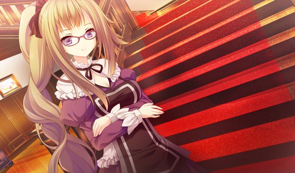 Anime picture 1024x600 with koisuru doll to omoi no kiseki single long hair looking at viewer blonde hair wide image purple eyes game cg ponytail girl dress glasses