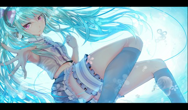 Anime picture 1839x1079 with vocaloid hatsune miku tp65pxu4 highres simple background wide image white background twintails very long hair pink eyes aqua hair midriff girl skirt navel miniskirt socks headphones black socks