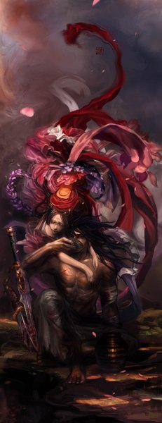 Anime picture 500x1294 with original tagme (artist) long hair tall image black hair brown hair sitting holding bent knee (knees) eyes closed traditional clothes japanese clothes barefoot hug dark skin muscle hug from behind drinking bloody weapon shirtless