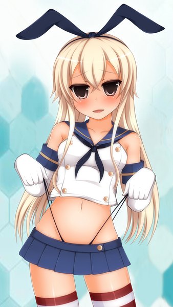 Anime picture 1746x3098 with kantai collection shimakaze destroyer zack (haiuinndo) single long hair tall image looking at viewer blush highres open mouth light erotic blonde hair brown eyes girl thighhighs skirt gloves bow hair bow miniskirt