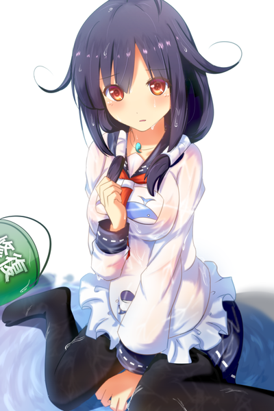 Anime picture 800x1200 with kantai collection taigei light aircraft carrier cuon (kuon) single long hair tall image looking at viewer blush black hair red eyes white background twintails low twintails wet clothes girl pantyhose black pantyhose sailor suit