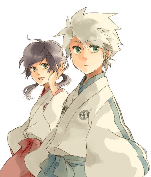Anime picture 2076x2424 with bleach studio pierrot hitsugaya toushirou hinamori momo riya (artist) tall image highres short hair open mouth black hair simple background white background twintails green eyes white hair traditional clothes japanese clothes short twintails girl boy