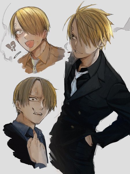 Anime picture 2048x2732 with one piece toei animation sanji 4myaku1 tall image fringe highres short hair open mouth simple background blonde hair :d hair over one eye smoke eyebrows multiview hand in pocket smoking vein (veins) !?