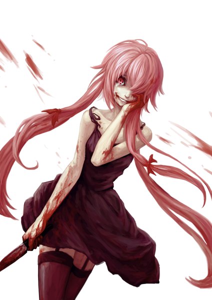 Anime picture 2480x3508 with mirai nikki gasai yuno yinanhuanle single long hair tall image fringe highres simple background smile white background holding pink hair pink eyes hair over one eye tears crying bloody clothes crazy yandere