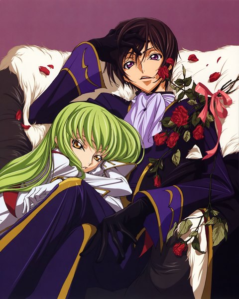 Anime picture 2895x3617 with code geass sunrise (studio) c.c. lelouch lamperouge chiba yuriko long hair tall image looking at viewer fringe highres short hair open mouth brown hair sitting purple eyes yellow eyes lying green hair couple on stomach