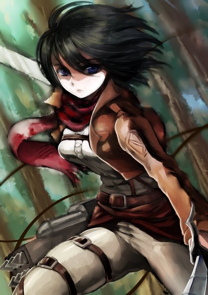 Anime picture 1400x1981 with shingeki no kyojin production i.g mikasa ackerman tari single tall image short hair blue eyes black hair holding open clothes open jacket shaded face dual wielding girl weapon plant (plants) sword tree (trees) scarf
