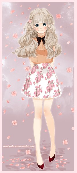 Anime picture 1024x2279 with original nebeskaa single long hair tall image blush fringe blue eyes simple background blonde hair smile standing hair flower wind floral print happy wavy hair hands behind back girl skirt