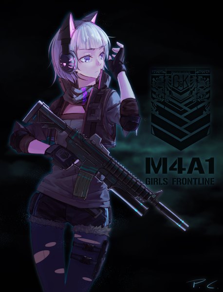 Anime picture 1222x1600 with girls frontline original migime no yuugure single tall image fringe short hair simple background standing purple eyes animal ears looking away silver hair blunt bangs cat ears copyright name character names fake animal ears dark background sheathed
