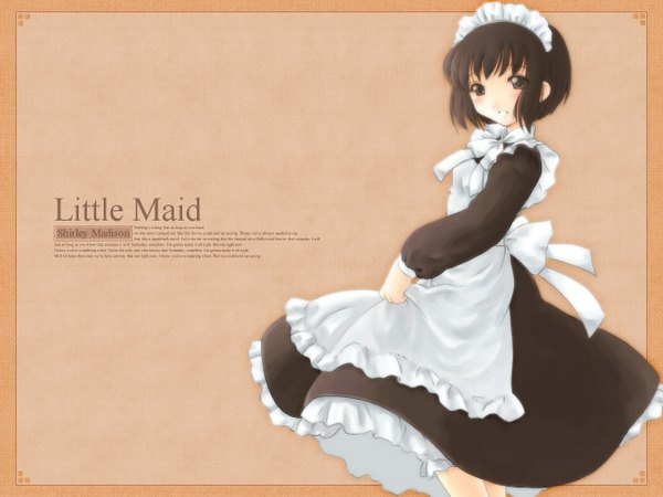 Anime picture 1280x960 with shirley (manga) shirley madison shirley medison single short hair black hair black eyes maid wallpaper character names border outside border brown background girl headdress maid headdress