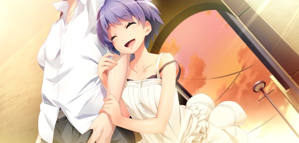 Anime picture 2250x1080 with brava! highres short hair open mouth smile wide image blue hair game cg eyes closed couple hug girl dress boy shirt sundress