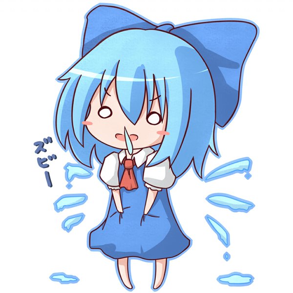 Anime picture 1000x1000 with touhou cirno kisa (k isa) single blush short hair open mouth simple background standing white background blue hair barefoot text o o girl dress bow hair bow ice