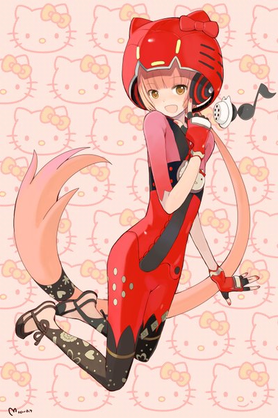 Anime picture 1000x1500 with hello kitty vocaloid sanrio nekomura iroha nanjou (sumeragimishiro) single long hair tall image looking at viewer blush breasts open mouth animal ears yellow eyes pink hair ponytail nail polish cat ears flat chest jumping