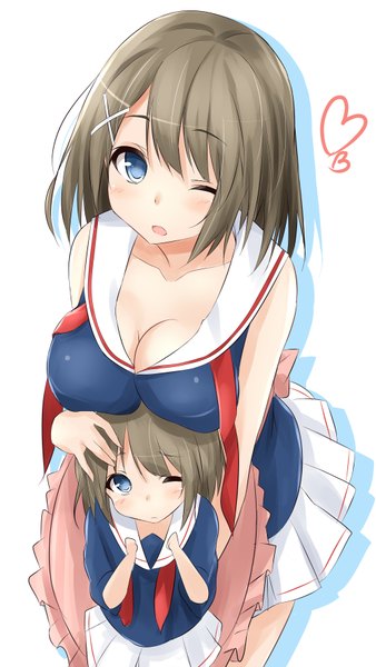Anime picture 1000x1774 with kantai collection maya heavy cruiser saku (kudrove) tall image looking at viewer blush short hair open mouth blue eyes light erotic simple background brown hair white background multiple girls cleavage one eye closed wink girl skirt hair ornament