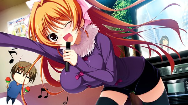 Anime picture 1280x720 with asa project ren'ai 0 kilometer kinomoto sakuya panta (artist) long hair open mouth red eyes wide image game cg orange hair karaoke girl microphone