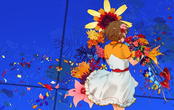 Anime picture 2076x1314 with original kaisen single highres short hair brown hair hair flower from behind girl dress hair ornament flower (flowers) plant (plants) petals