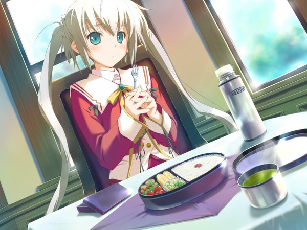 Anime picture 1600x1200 with happy margaret rindou saki kokonoka single long hair blush blue eyes sitting twintails payot game cg white hair loli girl uniform school uniform food obento