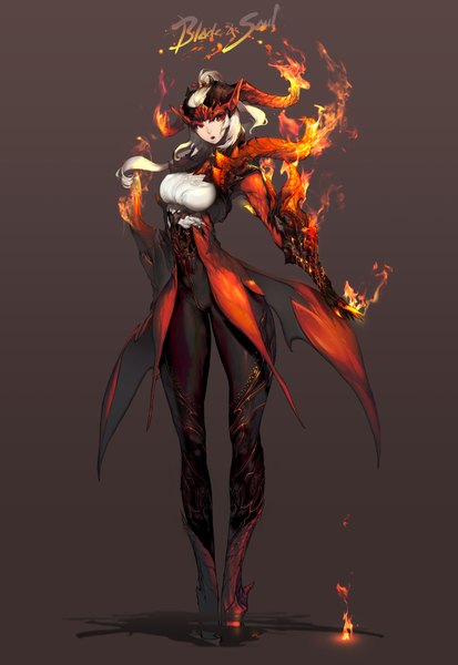 Anime picture 7019x10200 with blade & soul kim hyung tae single long hair tall image highres open mouth simple background red eyes absurdres white hair ponytail horn (horns) inscription incredibly absurdres girl armor fire helmet