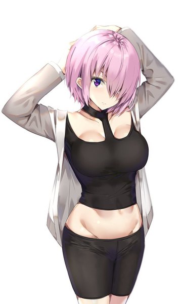 Anime picture 640x1078 with fate (series) fate/grand order mash kyrielight kanikou single tall image looking at viewer fringe short hair breasts light erotic simple background large breasts white background purple eyes pink hair cleavage hair over one eye bare belly groin
