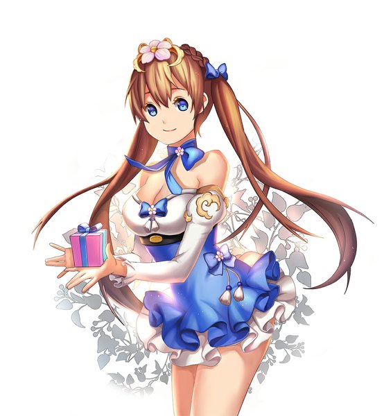 Anime picture 1000x1083 with million arthur (series) kaku-san-sei million arthur square enix stellarism single long hair tall image blue eyes simple background smile brown hair white background twintails bare shoulders looking away girl dress hair ornament gift