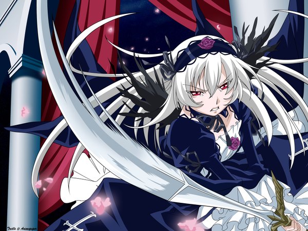 Anime picture 1600x1200 with rozen maiden suigintou treille single long hair looking at viewer fringe smile hair between eyes red eyes signed white hair wallpaper grin vector third-party edit fighting stance lolita fashion girl weapon