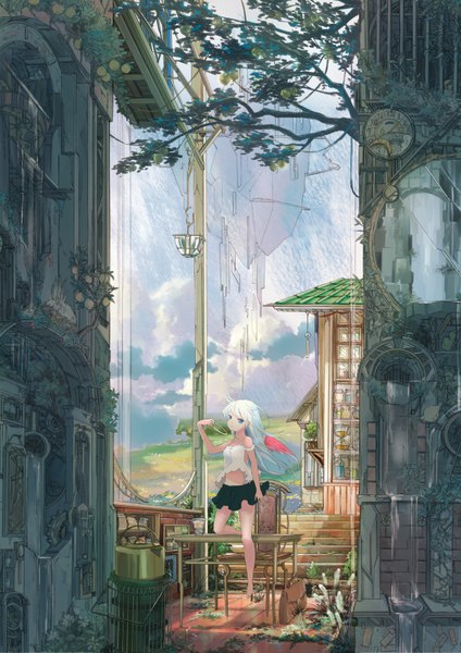 Anime picture 2480x3508 with original remosse512 single long hair tall image fringe highres blue eyes smile bare shoulders holding looking away ahoge bent knee (knees) white hair head tilt pleated skirt barefoot arm up wind