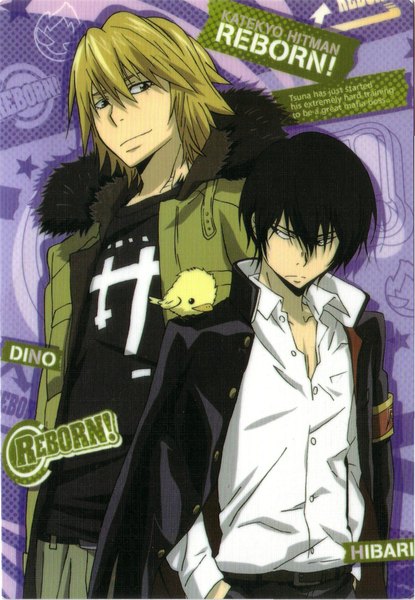 Anime picture 1469x2121 with katekyou hitman reborn hibari kyouya dino cavallone hibird tanaka masayoshi tall image fringe short hair black hair blonde hair smile scan inscription open clothes open jacket multiple boys open shirt hands in pockets animal on shoulder bird on shoulder