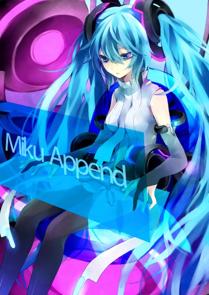 Anime picture 1754x2480 with vocaloid vocaloid append hatsune miku hatsune miku (append) yuzuki karu tall image highres blue eyes twintails blue hair girl detached sleeves