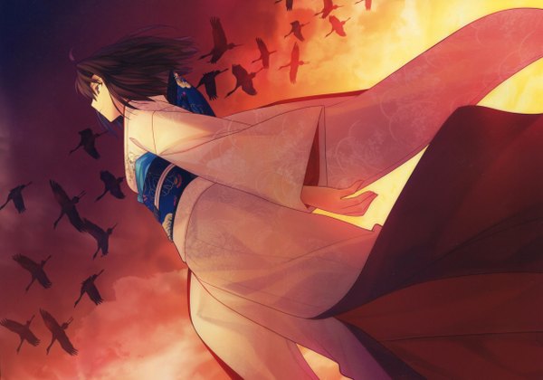 Anime picture 4919x3445 with kara no kyoukai type-moon ryougi shiki takeuchi takashi single fringe highres short hair brown hair standing brown eyes looking away absurdres long sleeves traditional clothes japanese clothes scan wide sleeves official art from below