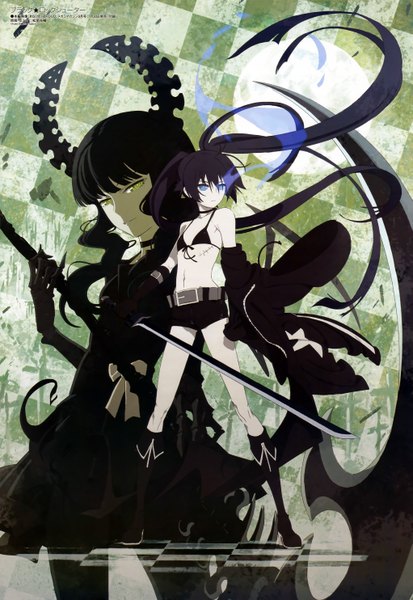 Anime picture 4085x5935 with black rock shooter black rock shooter (character) dead master long hair tall image highres blue eyes black hair twintails multiple girls yellow eyes absurdres horn (horns) glowing scar glowing eye (eyes) checkered checkered background girl gloves