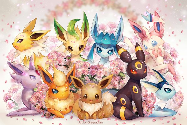 Anime picture 1200x805 with pokemon pokemon xy nintendo eevee umbreon espeon glaceon vaporeon leafeon flareon sylveon jolteon greyradian looking at viewer blush open mouth blue eyes red eyes purple eyes signed