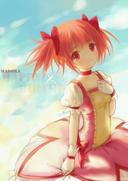 Anime picture 707x1000 with mahou shoujo madoka magica shaft (studio) kaname madoka clouble single tall image looking at viewer blush short hair smile red eyes standing twintails pink hair cloud (clouds) short sleeves puffy sleeves character names tears short twintails