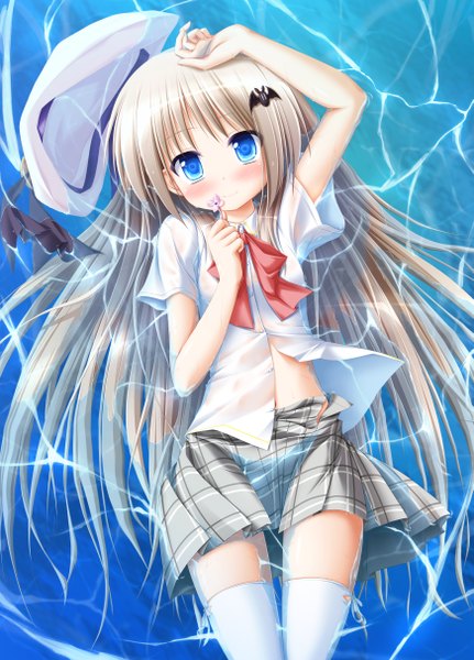 Anime picture 3484x4847 with little busters! key (studio) noumi kudryavka mizunoe kotaru single long hair tall image blush highres blue eyes absurdres white hair loli girl thighhighs skirt uniform hair ornament school uniform hat