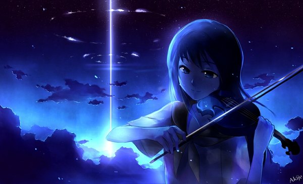 Anime picture 1100x669 with original yuuki tatsuya single long hair blue eyes black hair wide image sky cloud (clouds) light smile light girl violin