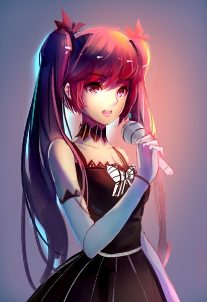 Anime picture 548x800 with original mconch single long hair tall image fringe open mouth red eyes standing twintails holding red hair gradient background singing girl dress gloves bow hair bow choker