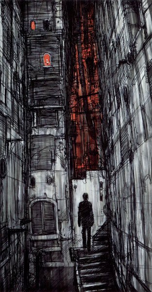 Anime picture 1024x1958 with blame! killy nihei tsutomu single tall image short hair black hair city cityscape boy building (buildings) stairs