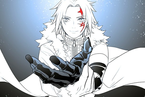 Anime picture 800x536 with d.gray-man allen walker ginmu single looking at viewer short hair simple background smile nail polish grey background facial mark outstretched hand spot color polychromatic boy gloves earrings fingerless gloves fur