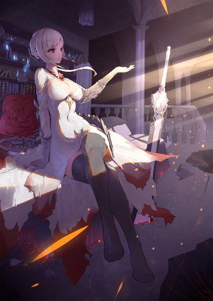Anime picture 1240x1754 with sinoalice snow white (sinoalice) liu lan single long hair tall image breasts light erotic large breasts sitting payot looking away cleavage full body bent knee (knees) white hair indoors profile sunlight arm support