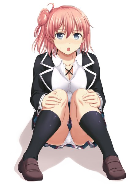 Anime picture 1654x2339 with yahari ore no seishun love comedy wa machigatteiru. brains base (studio) yuigahama yui inanaki shiki single tall image looking at viewer blush fringe short hair open mouth blue eyes light erotic sitting pink hair bent knee (knees) ass :o sweat girl