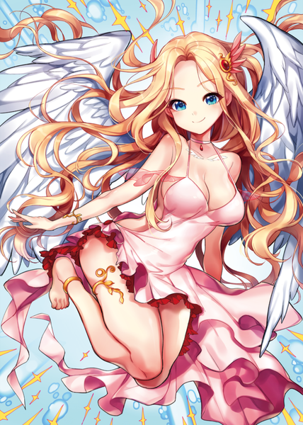 Anime picture 740x1038 with original songmil single long hair tall image looking at viewer blush breasts blue eyes light erotic blonde hair smile angel wings angel girl dress hair ornament wings sundress