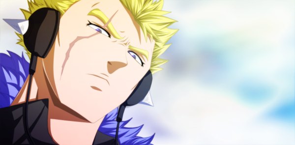 Anime picture 1350x664 with fairy tail laxus dreyar fuertenamikaze single short hair blonde hair wide image purple eyes sky cloud (clouds) coloring scar close-up face boy headphones