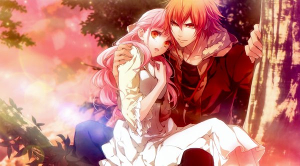 Anime picture 1280x709 with wand of fortune wand of fortune 2 idea factory lulu (wand of fortune) lagi el nagil usuba kagerou long hair open mouth wide image sitting pink hair red hair light smile scan orange eyes couple hug evening sunset girl