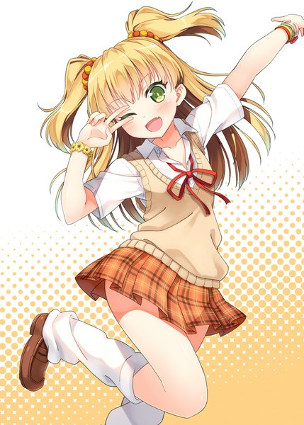 Anime picture 800x1119 with idolmaster idolmaster cinderella girls jougasaki rika hyuuga azuri single long hair tall image blush fringe open mouth blonde hair smile green eyes one eye closed wink teeth fang (fangs) two side up outstretched arm victory